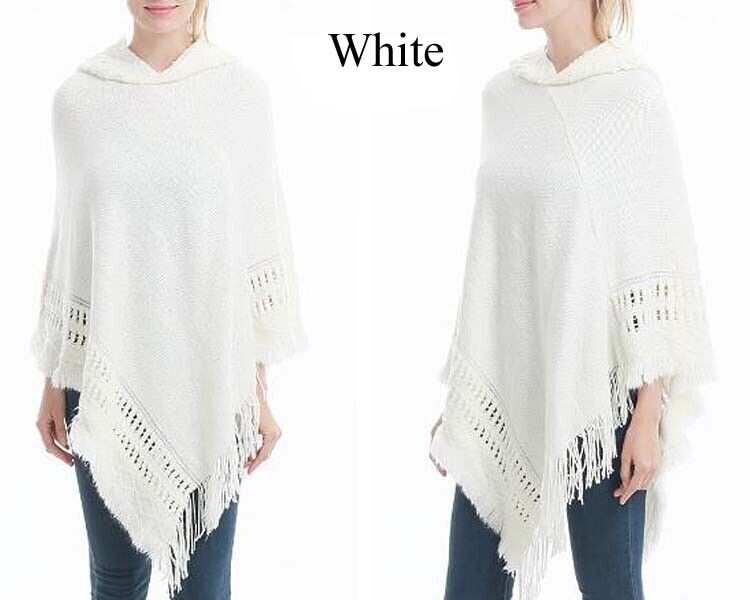 KNITTED PONCHO SWEATER HOOD CLOAK CAPE JUMPER HEM TOP COAT SHAWL SC038