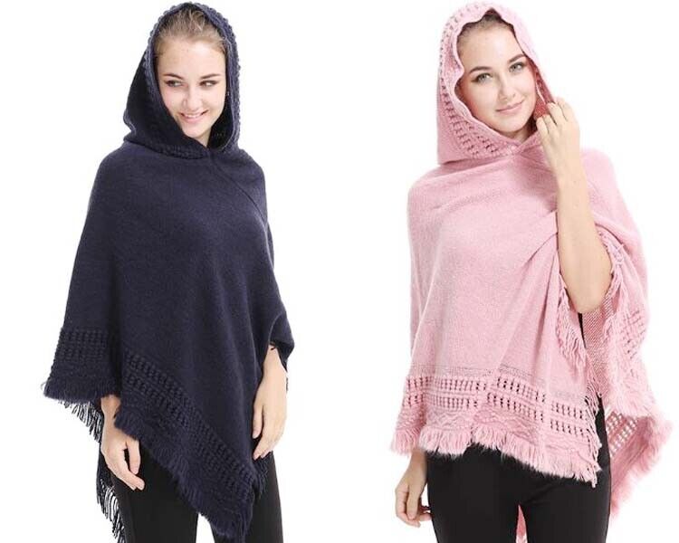 KNITTED PONCHO SWEATER HOOD CLOAK CAPE JUMPER HEM TOP COAT SHAWL SC038