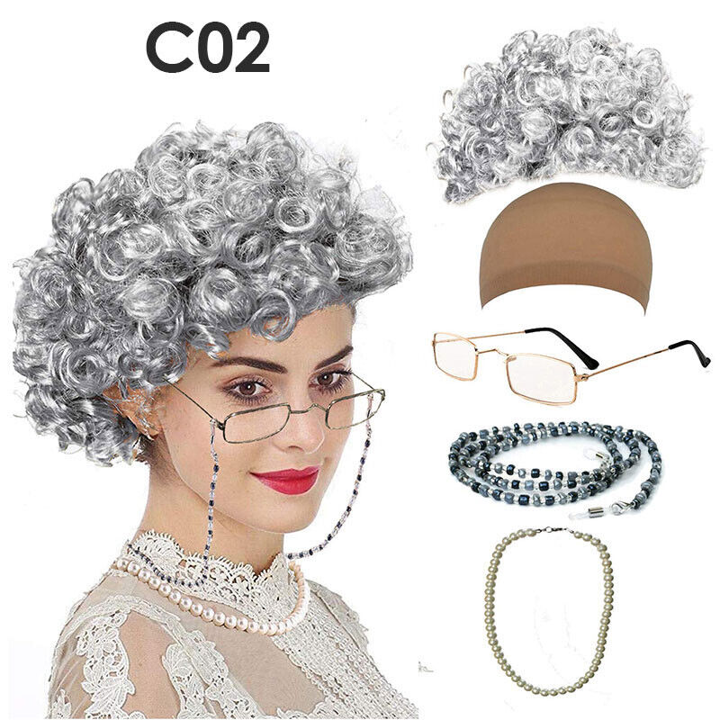 Old Lady Grandma Dress Up Set Granny Wig Party Kid Masquerade Cosplay Set 5Pcs