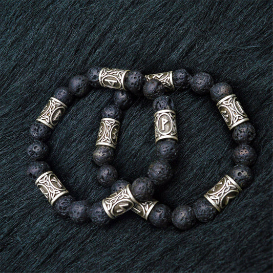 Norse Viking Rune Spacer Charm Lava Stone Beads Bracelet Men Women Cuff Jewelry