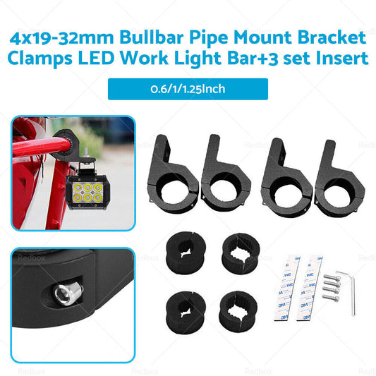 4PCS 19-32mm 1.2" Bullbar Pipe Mount Bracket Clamps Work Light Bar+3 set Insert