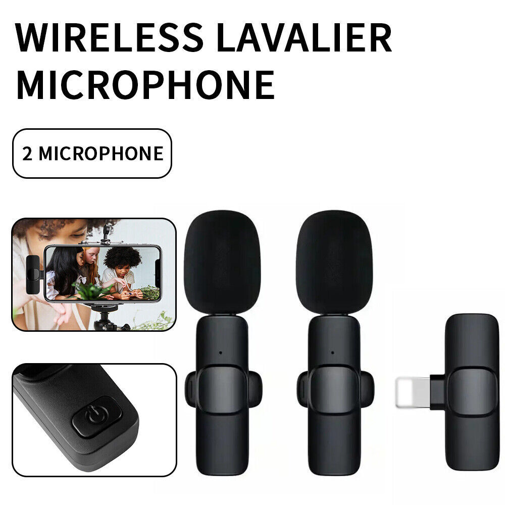 2x Mini Wireless Lavalier Microphone Clip on Lapel Mic For iPhone iPad Samsung Vlog