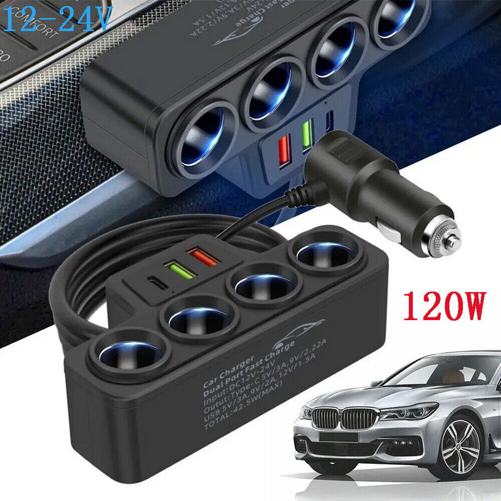 4Way 12-24V Car Cigarette Lighter Socket Splitter USB Port Charger Power Adapter