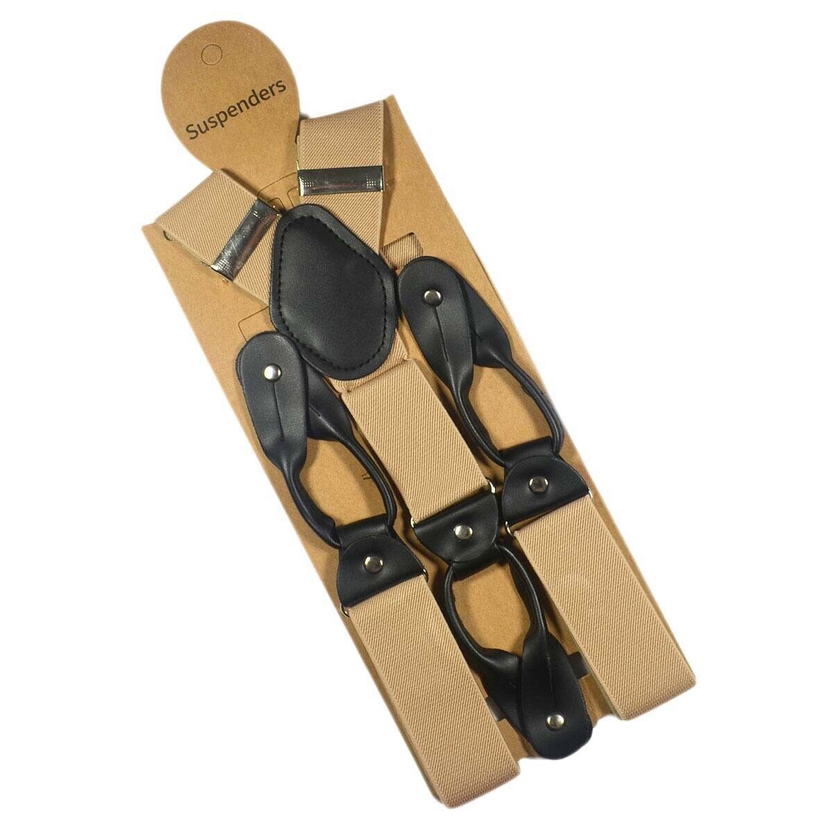 Men's 6 Button Hole Wide Elastic Suspenders Leather 35mm Trousers Braces Belt