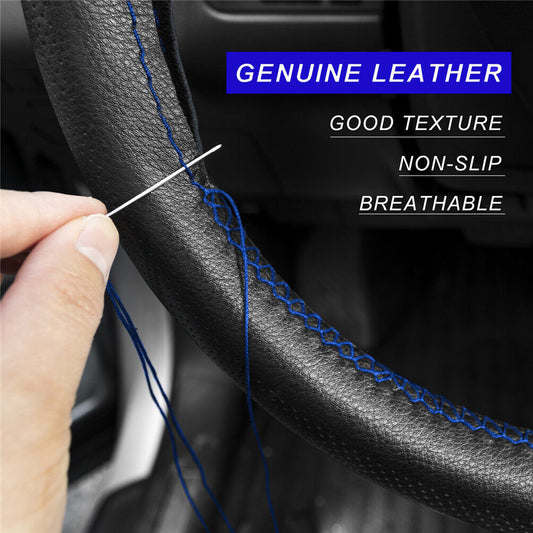 Genuine Leather DIY Car Steering Wheel Cover Breathable Anti-slip 38cm Black