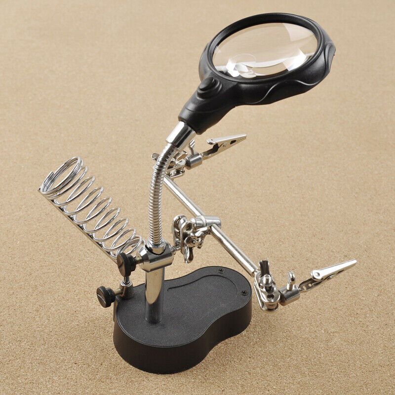 LED Helping Hand Clamp Magnifying Glass Soldering Iron Stand Len Magnifier Tool