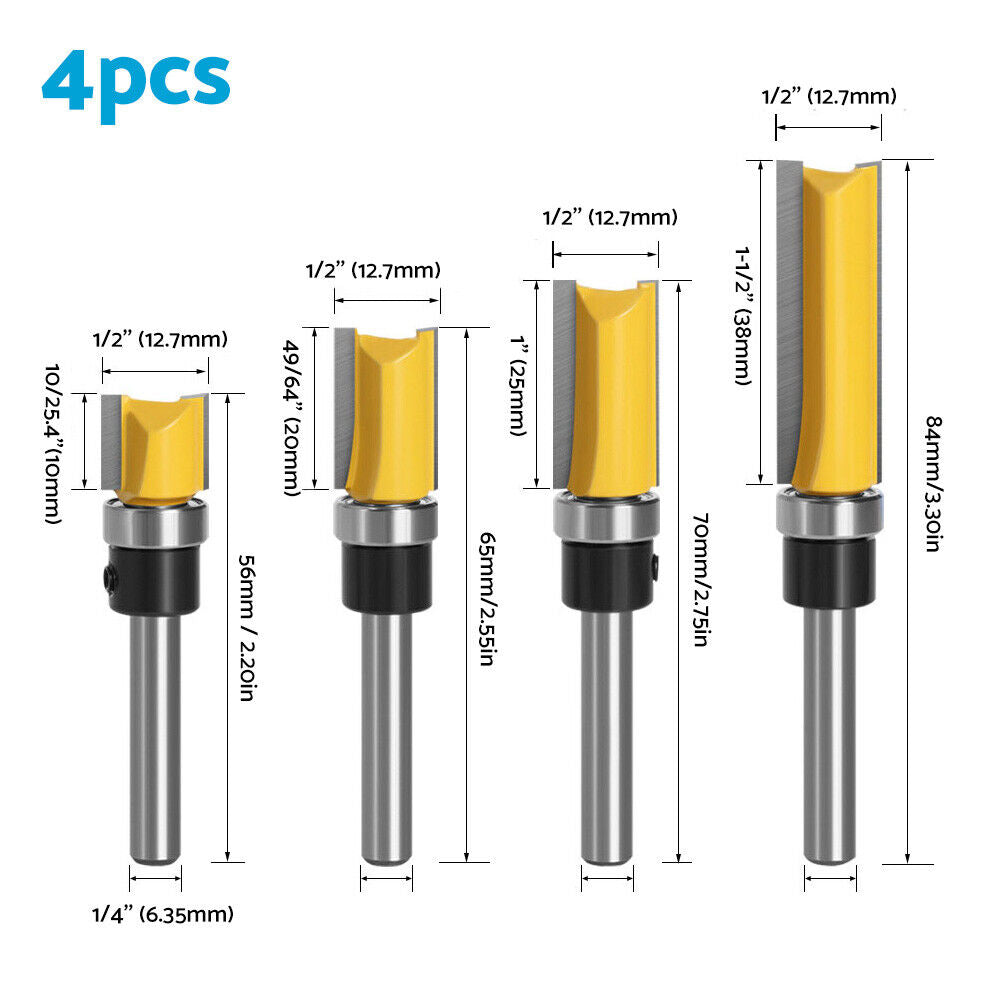 4pcs Milling Cutter Kit 1/4 Shank Top Bearing Flush Trim Pattern Router Bit Set