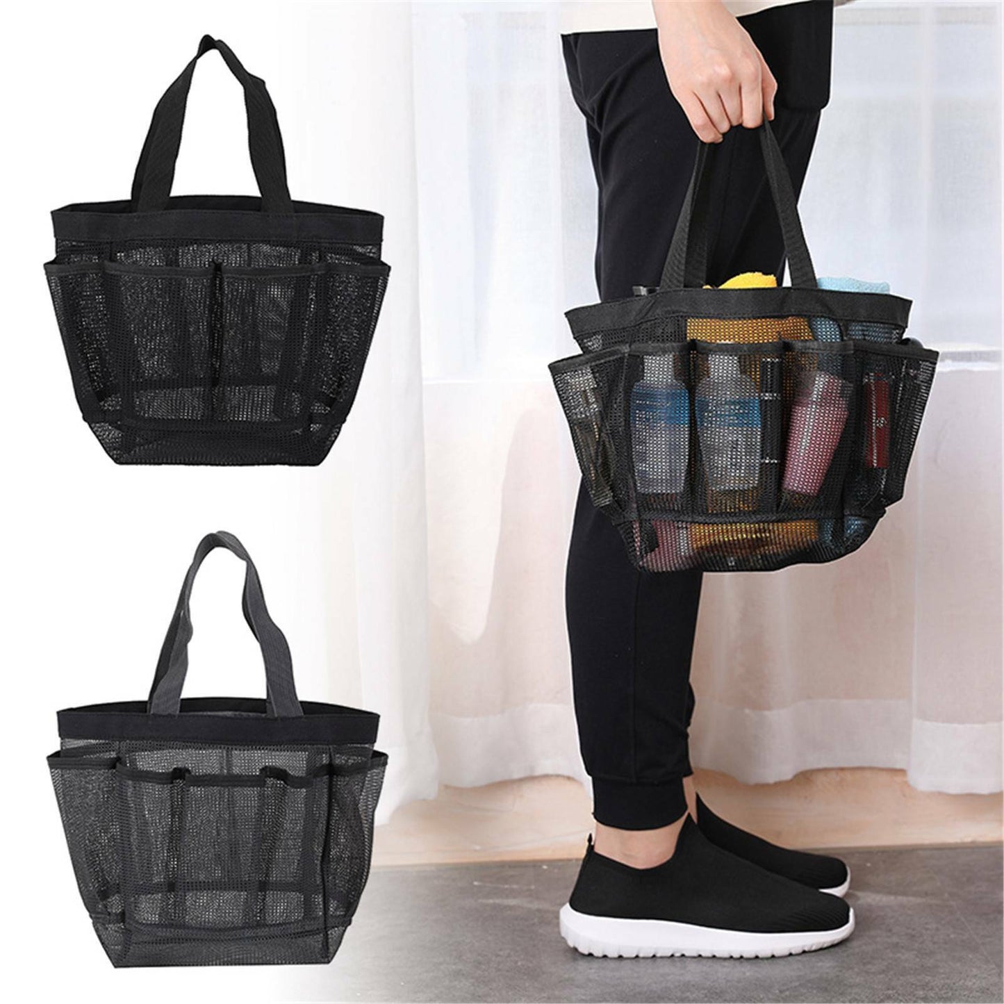 Mesh Shower Bag Caddy 8 Pocket Bathroom Tote Toiletry Bath Organizer Portable