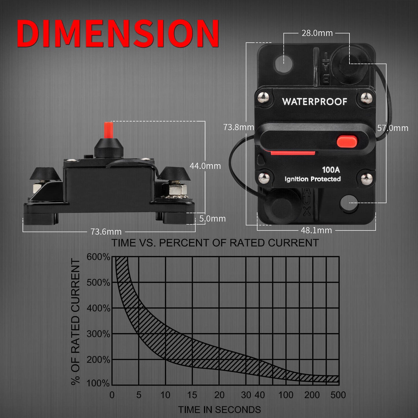 Waterproof Car Circuit Breaker Fuse Reset 30-300 A 12V-48V DC Car Boat Auto IP67