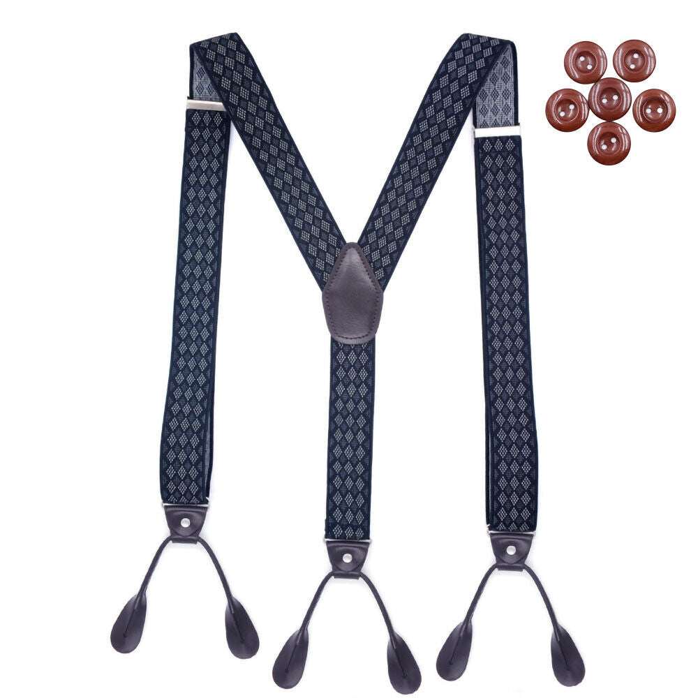 Men's 6 Button Hole Wide Elastic Suspenders Leather 35mm Trousers Braces Belt