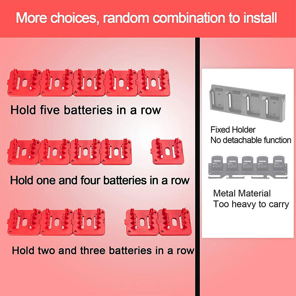 5x Battery Mounts Storage Holder Rack For Milwaukee M18 18V Tool Battery Red