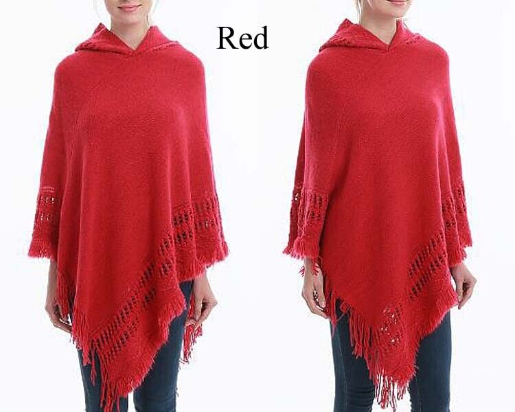 KNITTED PONCHO SWEATER HOOD CLOAK CAPE JUMPER HEM TOP COAT SHAWL SC038