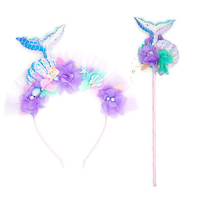 Kids Girls 2Pcs Mermaid Accessories Dress Up Hair Band And Magic Wand Set 3D