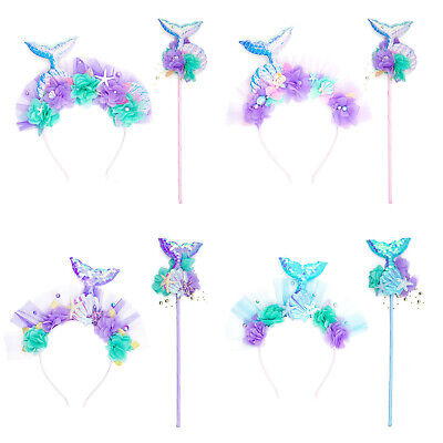 Kids Girls 2Pcs Mermaid Accessories Dress Up Hair Band And Magic Wand Set 3D