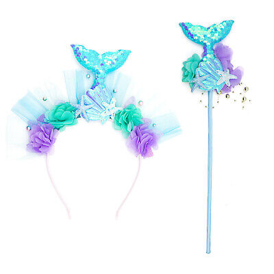 Kids Girls 2Pcs Mermaid Accessories Dress Up Hair Band And Magic Wand Set 3D