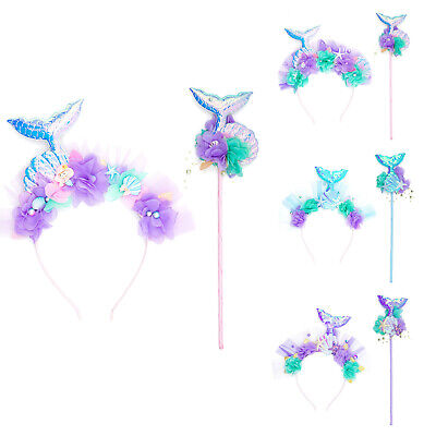 Kids Girls 2Pcs Mermaid Accessories Dress Up Hair Band And Magic Wand Set 3D