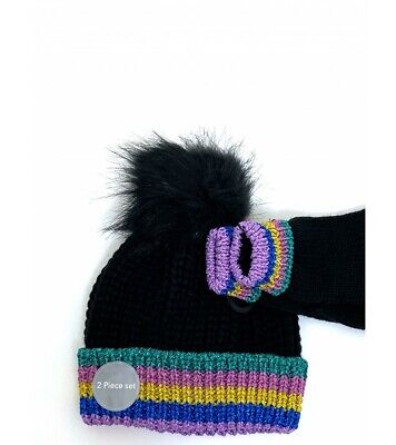 Girls Ex Store Rainbow Pom-Pom Hat & Glove Set Ages 4-8,8-12 Years NEW