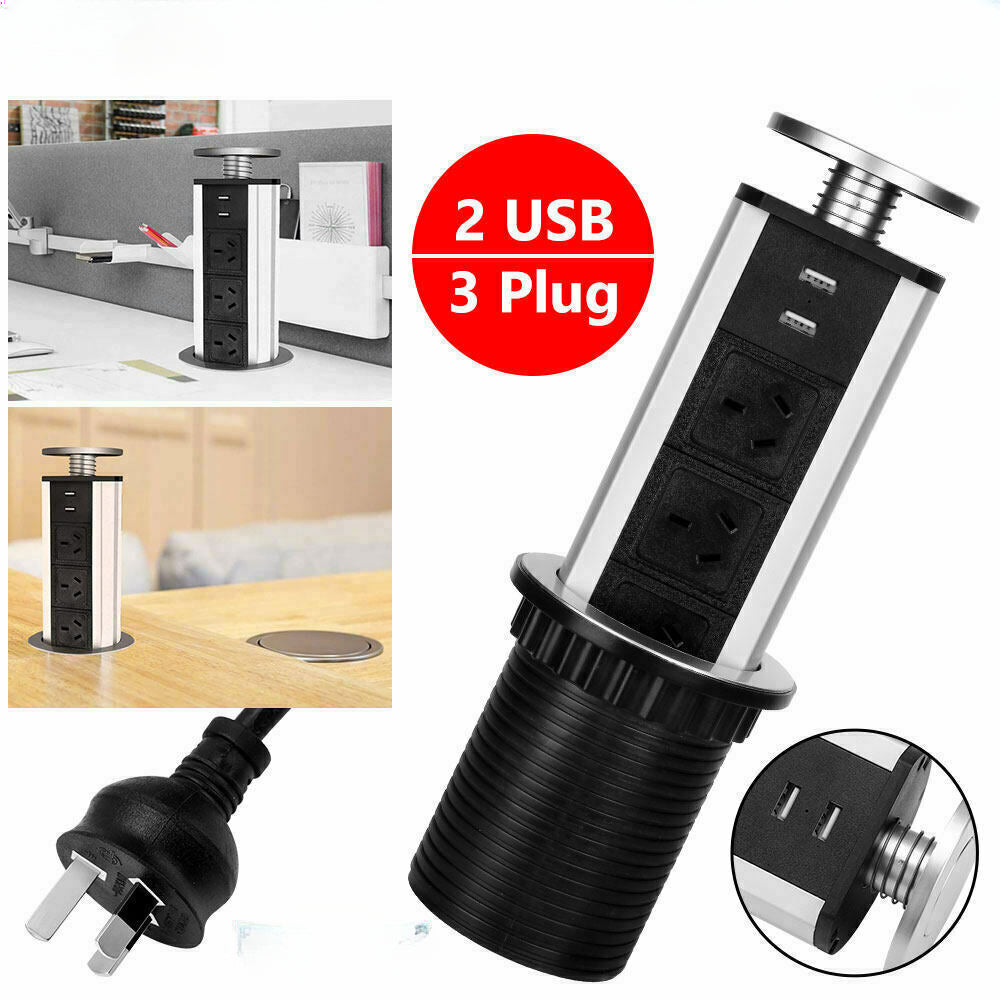 Pop Up Power Point 3 Socket Plug + 2 USB Table Home Kitchen Desk Outlet